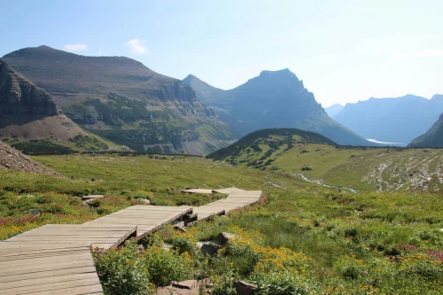 A boardwalk trail in a Montana mountain range.