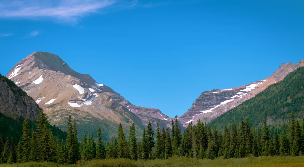 Mountains in Montana, surrounded by green meadows and forests. montana state tax return status is easy to check from anywhere, like this.